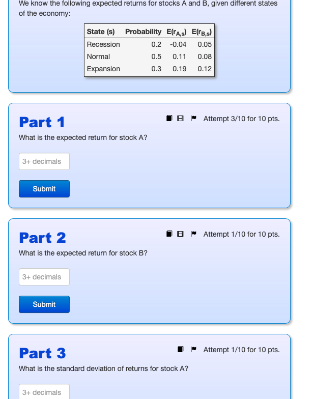 We Know The Following Expected Returns For Stocks A And B Given Different States Of The Economy State S Probability 1