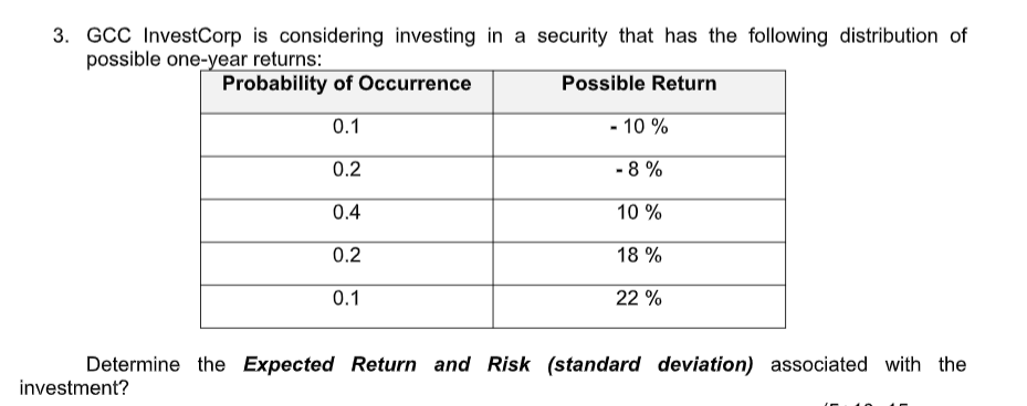 3 Gcc Investcorp Is Considering Investing In A Security That Has The Following Distribution Of Possible One Year Return 1
