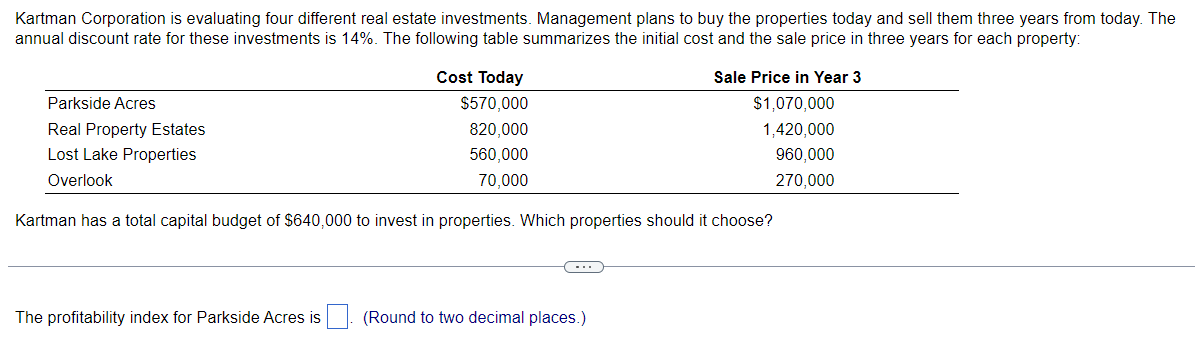 Kartman Corporation Is Evaluating Four Different Real Estate Investments Management Plans To Buy The Properties Today A 1