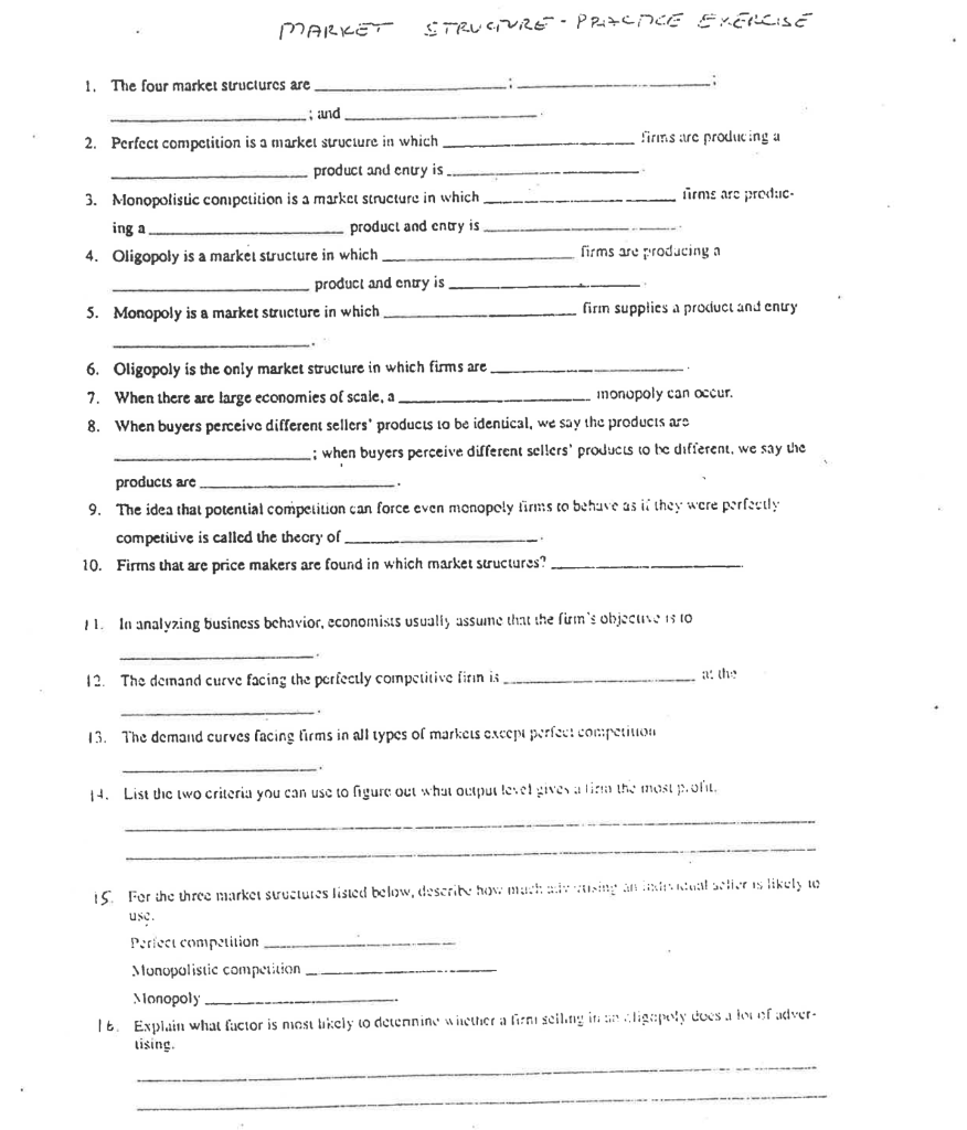 Market Trucivile Ppc76 Exercise 1 The Four Market Structures Are Sirms Are Producing A Firms Are Produc I And 2 Perfec 1