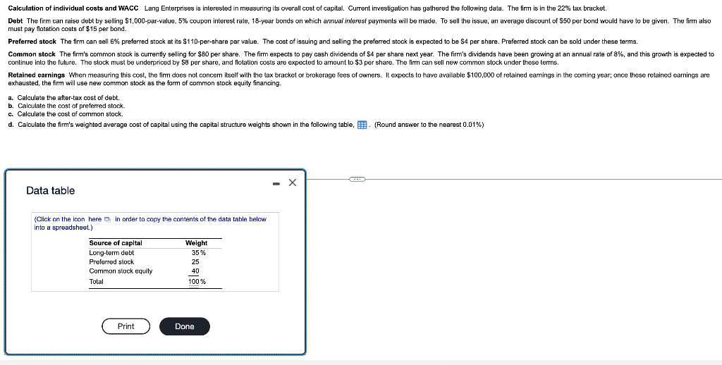 Calculation Of Individual Costs And Wacc Lang Enterprises Is Interested In Measuring Its Overall Cost Of Capital Curren 1