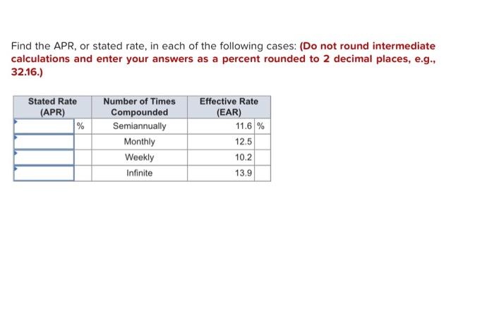 Find The Apr Or Stated Rate In Each Of The Following Cases Do Not Round Intermediate Calculations And Enter Your Ans 1