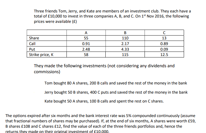 Three Friends Tom Jerry And Kate Are Members Of An Investment Club They Each Have A Total Of 10 000 To Invest In Thr 1