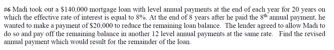6 Madi Took Out A 140 000 Mortgage Loan With Level Annual Payments At The End Of Each Year For 20 Years On Which The E 1