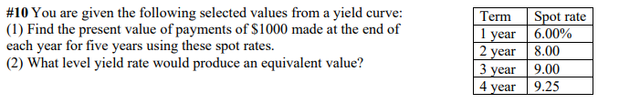 10 You Are Given The Following Selected Values From A Yield Curve 1 Find The Present Value Of Payments Of 1000 Made 1