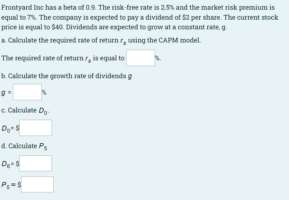 Frontyard Inc Has A Beta Of 0 9 The Risk Free Rate Is 2 5 And The Market Risk Premium Is Equal To 7 The Company Is E 1