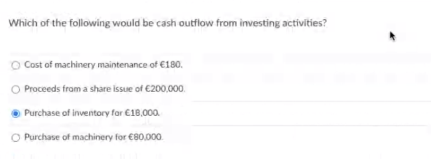 Which Of The Following Would Be Cash Outflow From Investing Activities Cost Of Machinery Maintenance Of 180 O Proceed 1