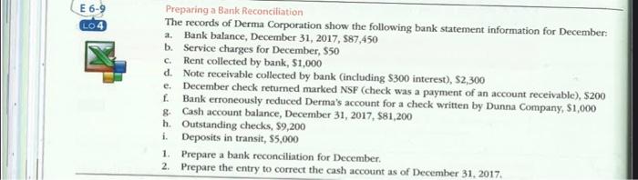 E 6 9 Log Preparing A Bank Reconciliation The Records Of Derma Corporation Show The Following Bank Statement Information 1