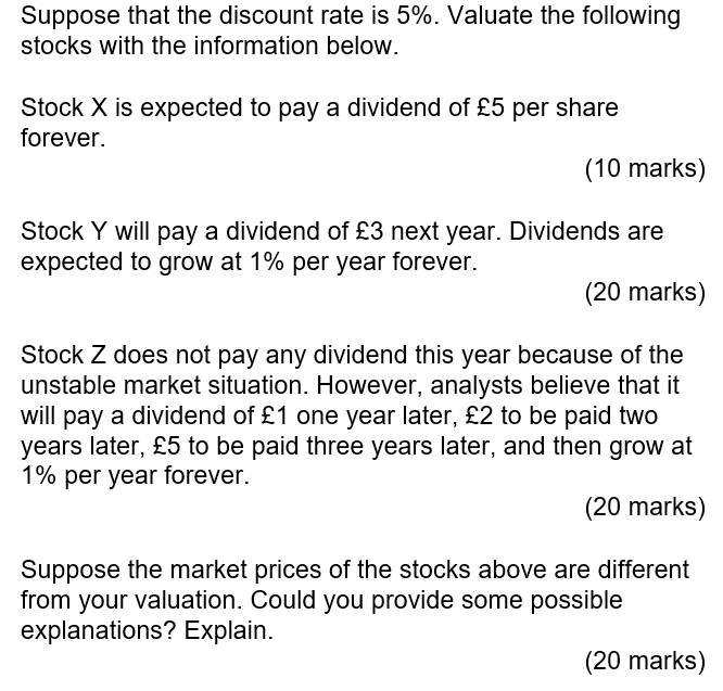 Suppose That The Discount Rate Is 5 Valuate The Following Stocks With The Information Below Stock X Is Expected To Pa 1