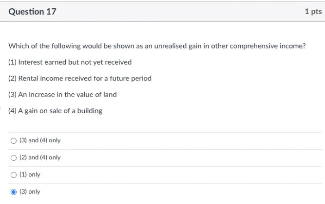Question 17 1 Pts Which Of The Following Would Be Shown As An Unrealised Gain In Other Comprehensive Income 1 Interes 1