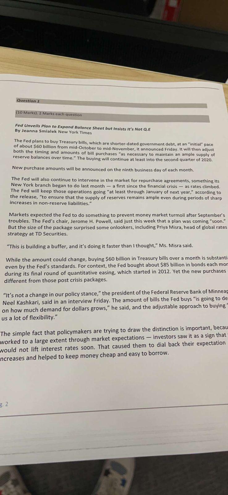 Question 1 10 Marks 2 Marks Each Question Fed Unveils Plan To Expand Balance Sheet But Insists It S Not Q E By Jeanna 1
