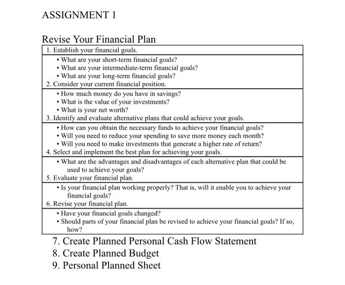 Assignment 1 Revise Your Financial Plan 1 Establish Your Financial Goals What Are Your Short Term Financial Goals 1