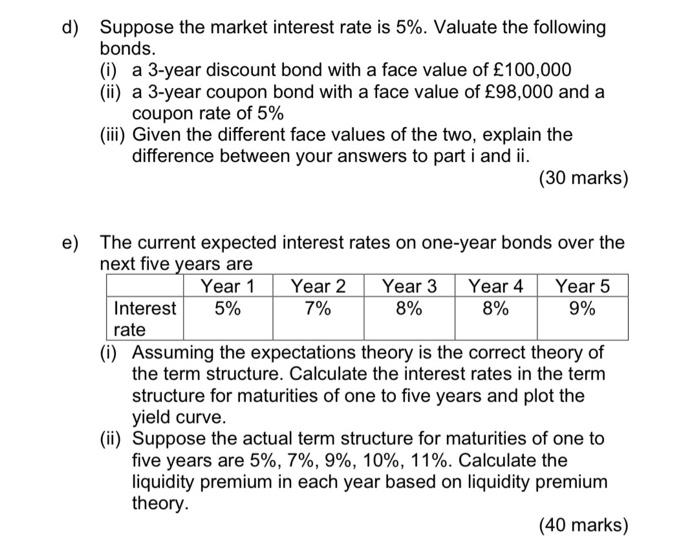 D Suppose The Market Interest Rate Is 5 Valuate The Following Bonds I A 3 Year Discount Bond With A Face Value Of 1