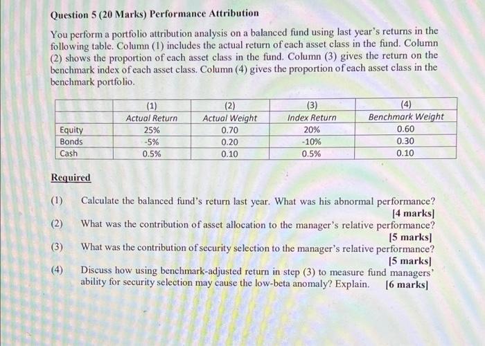 Question 5 20 Marks Performance Attribution You Perform A Portfolio Attribution Analysis On A Balanced Fund Using Last 1
