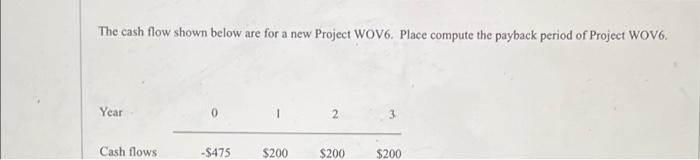 The Cash Flow Shown Below Are For A New Project Wov6 Place Compute The Payback Period Of Project Wov6 Year 0 2 3 Cash 1