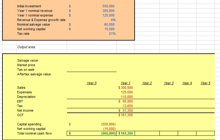 Initial Investment Year 1 Nominal Revenue Year 1 Nominal Expense Revenue Expense Growth Rate Nominal Salvage Value 1