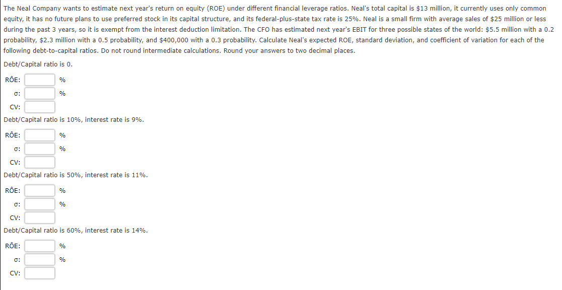 The Neal Company Wants To Estimate Next Year S Return On Equity Roe Under Different Financial Leverage Ratios Neal S 1
