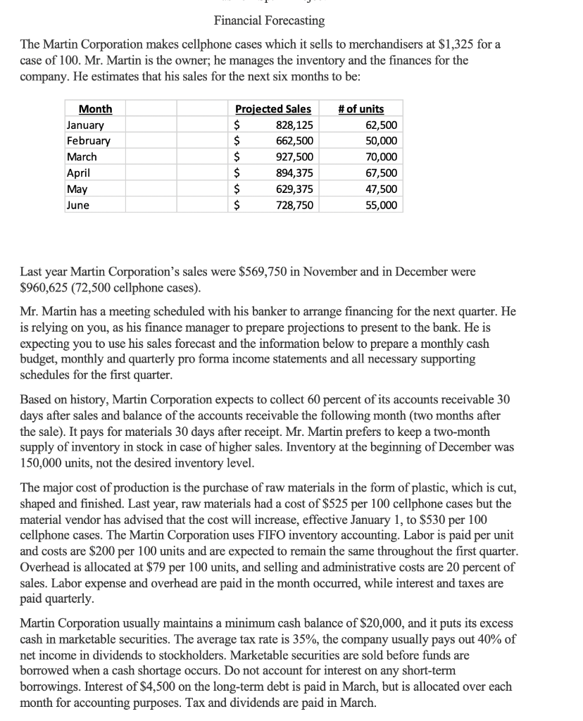 Financial Forecasting The Martin Corporation Makes Cellphone Cases Which It Sells To Merchandisers At 1 325 For A Case 1