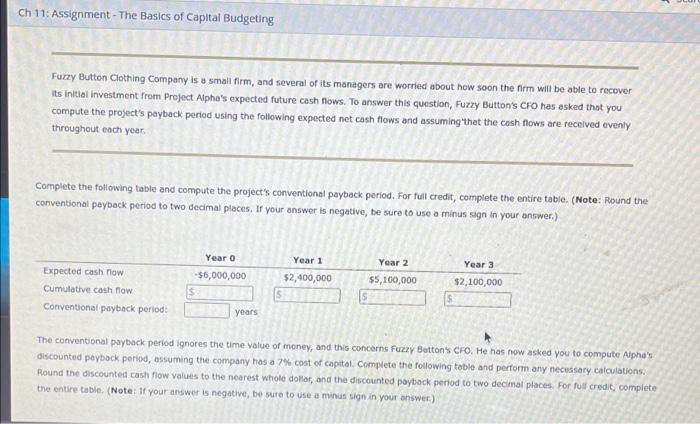 Ch 11 Assignment The Basics Of Capital Budgeting Fuzzy Button Clothing Company Is A Small Firm And Several Of Its Ma 1
