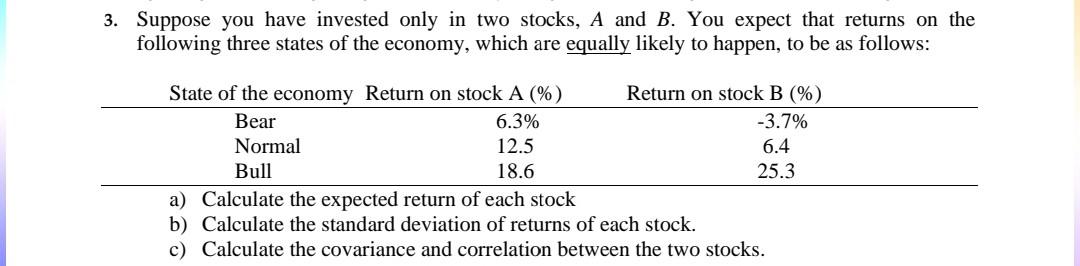 3 Suppose You Have Invested Only In Two Stocks A And B You Expect That Returns On The Following Three States Of The E 1