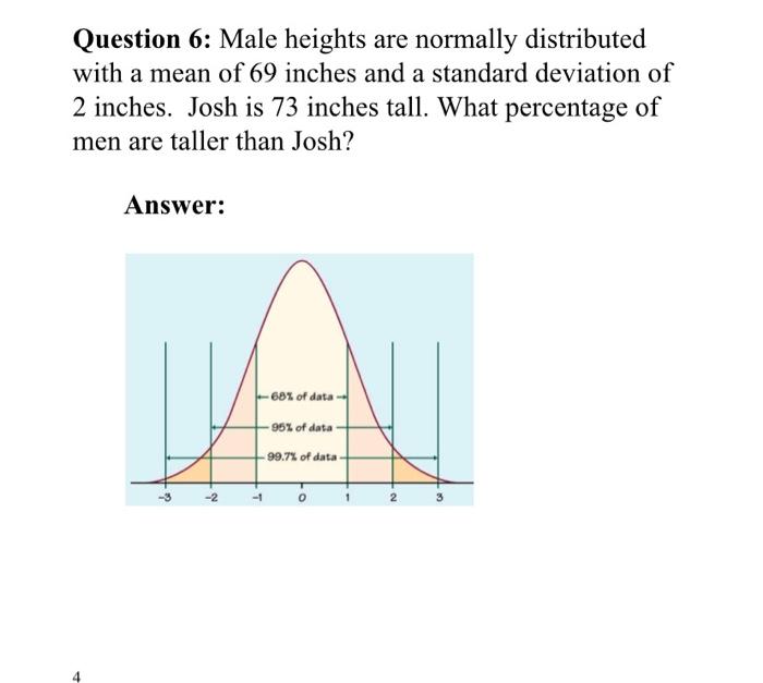 Question 6 Male Heights Are Normally Distributed With A Mean Of 69 Inches And A Standard Deviation Of 2 Inches Josh Is 1