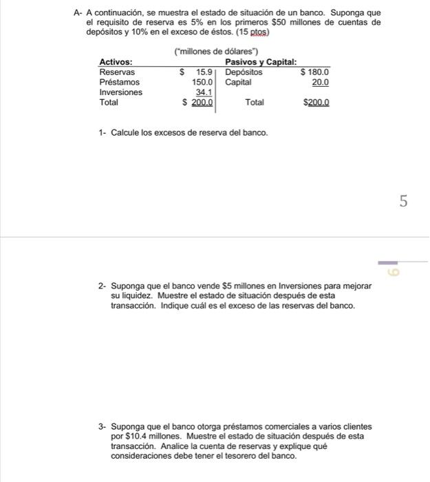 A A Continuacion Se Muestra El Estado De Situacion De Un Banco Suponga Que El Requisito De Reserva Es 5 En Los Prime 3