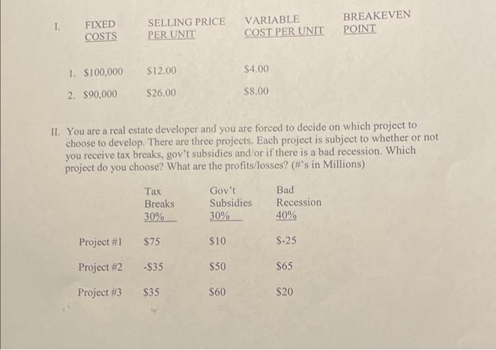 I Fixed Costs Selling Price Per Unit Variable Cost Per Unit Breakeven Point 1 100 000 12 00 4 00 2 90 000 26 00 1