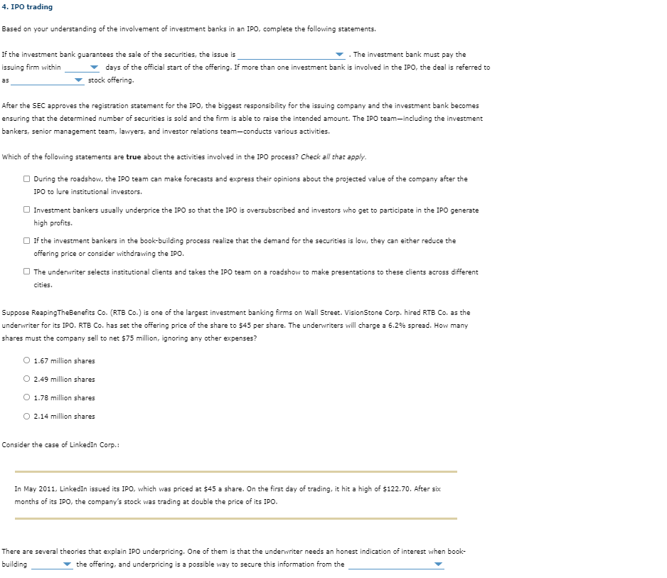 4 Ipo Trading Based On Your Understanding Of The Involvement Of Investment Banks In An Ipo Complete The Following Stat 1
