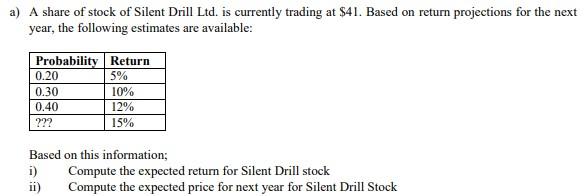 A A Share Of Stock Of Silent Drill Ltd Is Currently Trading At 41 Based On Return Projections For The Next Year The 1