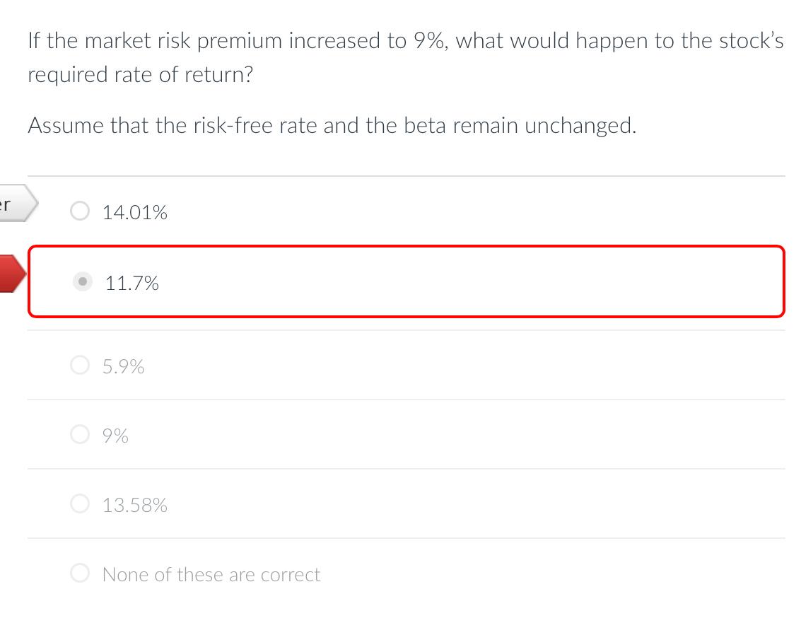 If The Market Risk Premium Increased To 9 What Would Happen To The Stock S Required Rate Of Return Assume That The Ri 1