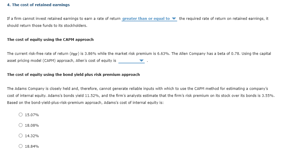 4 The Cost Of Retained Earnings The Required Rate Of Return On Retained Earnings It If A Firm Cannot Invest Retained E 1