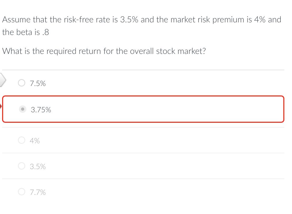 Assume That The Risk Free Rate Is 3 5 And The Market Risk Premium Is 4 And The Beta Is 8 What Is The Required Return 1