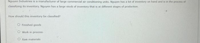 Nguyen Industries Is A Manufacturer Of Large Commercial Air Conditioning Units Nguyen Has A Lot Of Inventory On Hand An 1