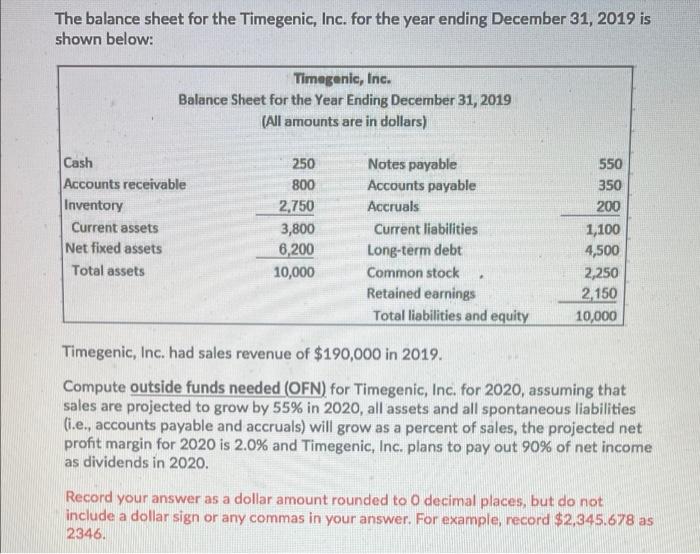 The Balance Sheet For The Timegenic Inc For The Year Ending December 31 2019 Is Shown Below Timeganie Inc Balance 1