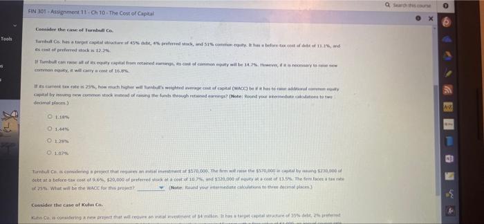 Search Fin 301 Assignment 11 Ch 10 The Cost Of Capital X Consider The Case Of Turno Tools Una Has A Targeta De 45 And 5 1