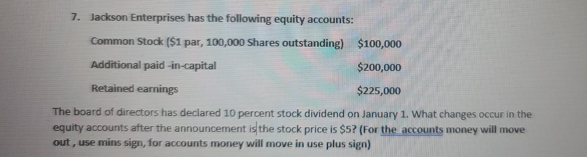 7 Jackson Enterprises Has The Following Equity Accounts Common Stock 1 Par 100 000 Shares Outstanding 100 000 Add 1