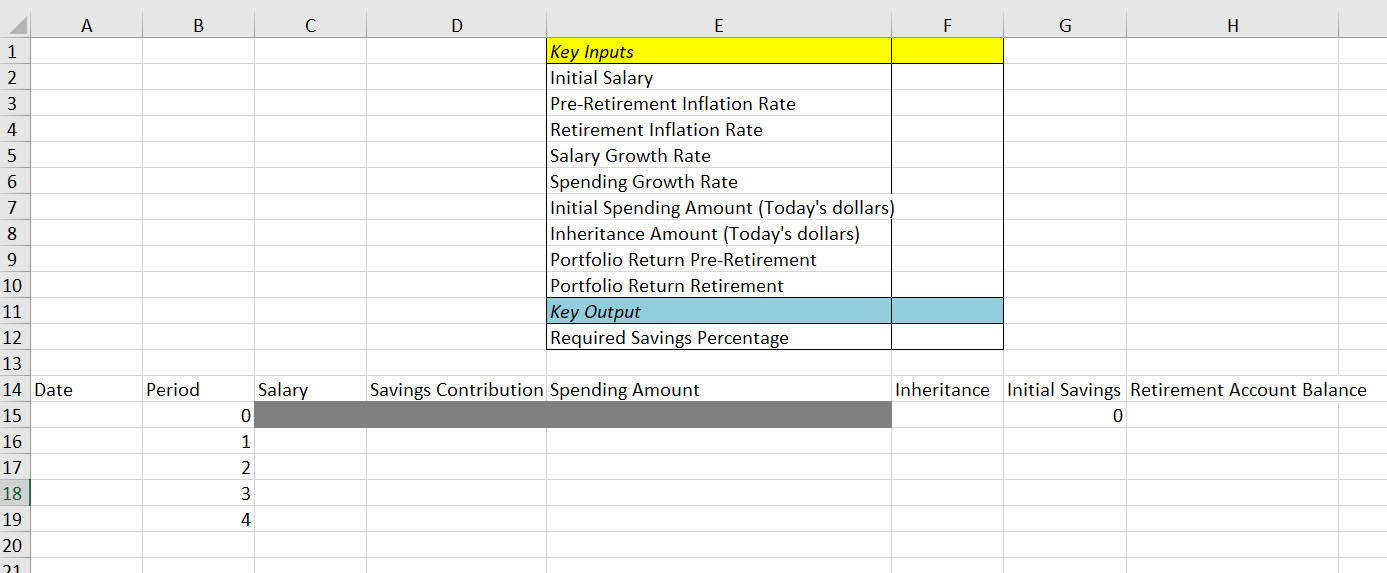A B U C D F G H 1 2 3 4 5 6 E Key Inputs Initial Salary Pre Retirement Inflation Rate Retirement Inflation Rate Salary G 1