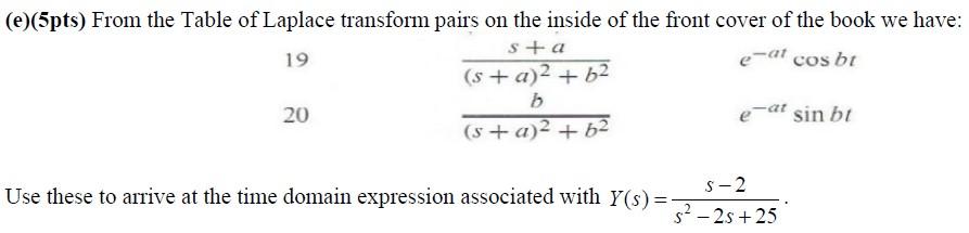 E 5pts From The Table Of Laplace Transform Pairs On The Inside Of The Front Cover Of The Book We Have Sta 19 E At Co 1