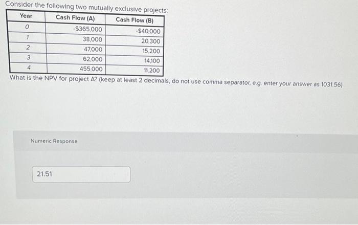 Consider The Following Two Mutually Exclusive Projects Year Cash Flow A Cash Flow B 0 365 000 40 000 1 38 000 20 1