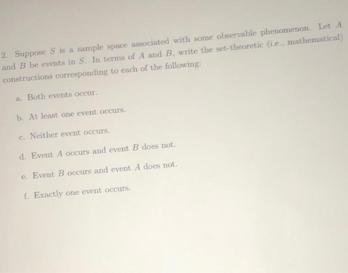 2 Suppose S Is A Sample Space Associated With Some Observable Phenomenon Let A And B Be Events In S In Terms Of A And 1