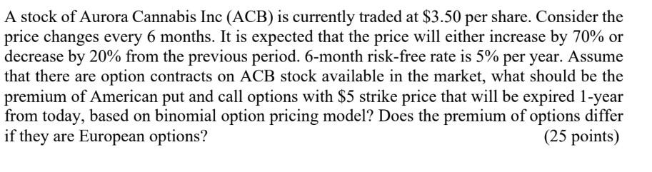 A Stock Of Aurora Cannabis Inc Acb Is Currently Traded At 3 50 Per Share Consider The Price Changes Every 6 Months 1