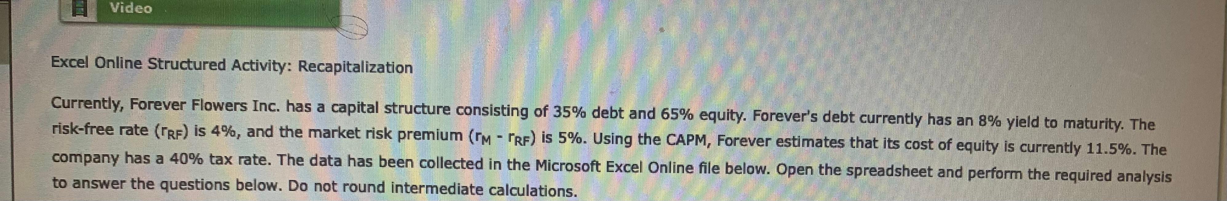 Video Excel Online Structured Activity Recapitalization Currently Forever Flowers Inc Has A Capital Structure Consi 1