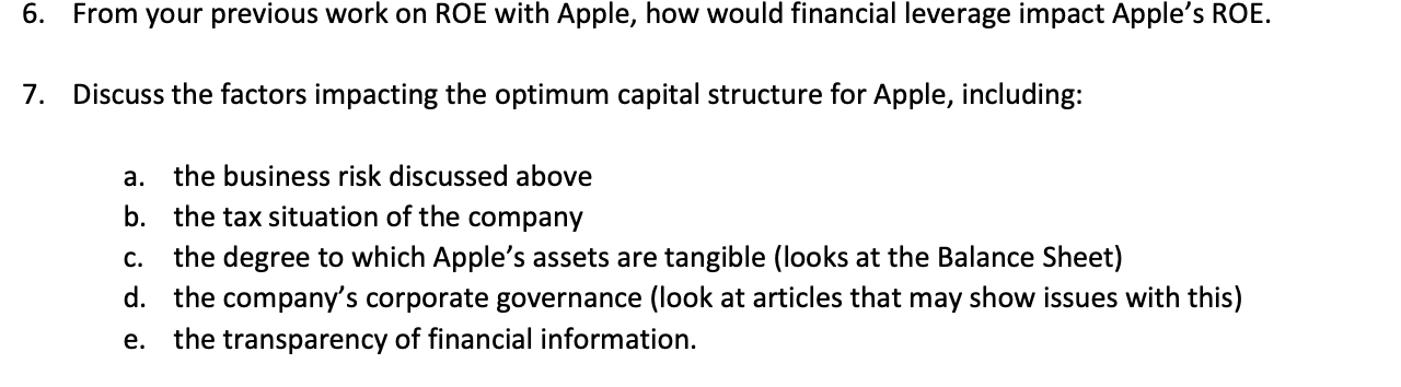 6 From Your Previous Work On Roe With Apple How Would Financial Leverage Impact Apple S Roe 7 Discuss The Factors Im 1