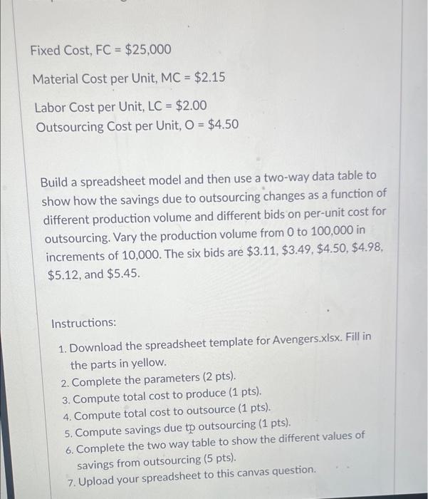 Fixed Cost Fc 25 000 Material Cost Per Unit Mc 2 15 Labor Cost Per Unit Lc 2 00 Outsourcing Cost Per Unit O 1