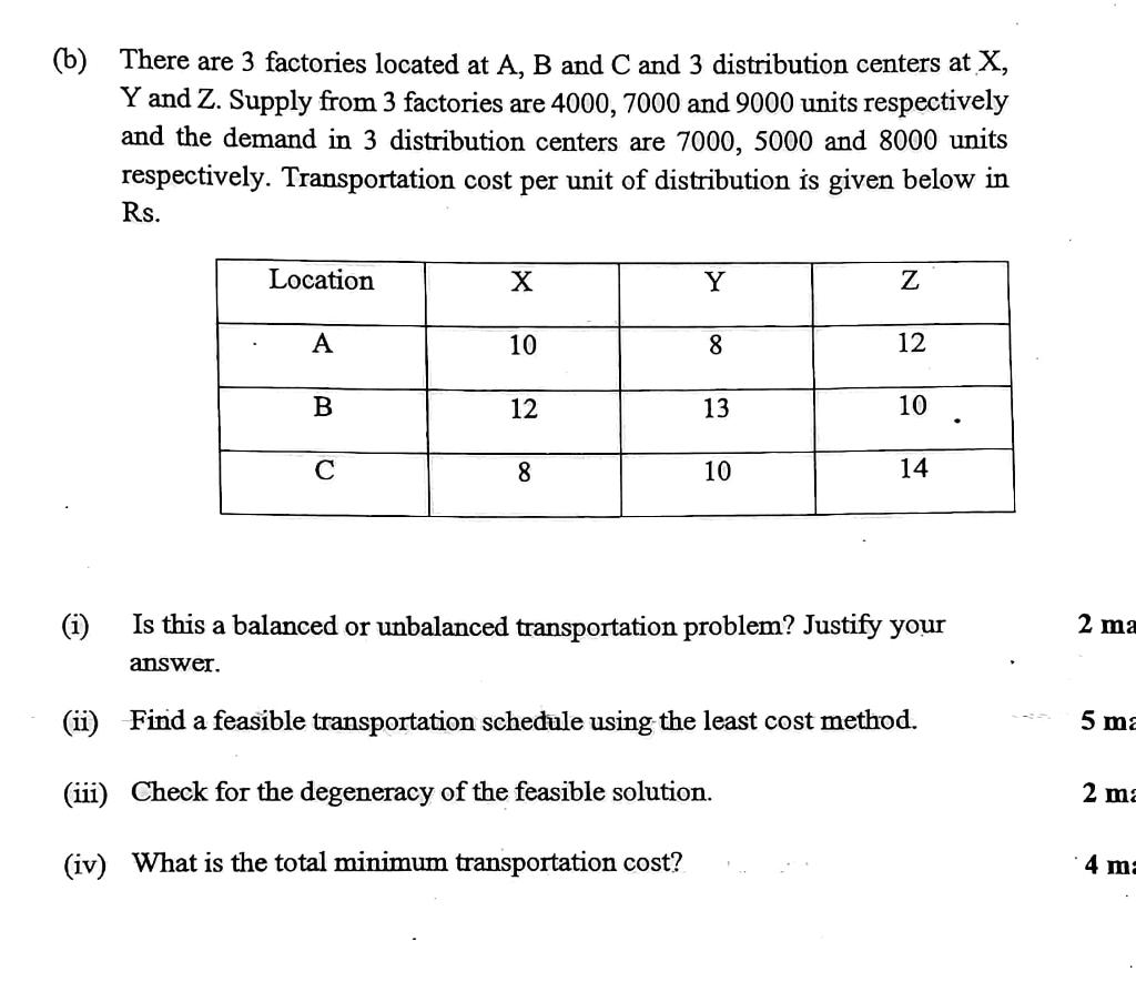 B There Are 3 Factories Located At A B And C And 3 Distribution Centers At X Y And Z Supply From 3 Factories Are 40 1
