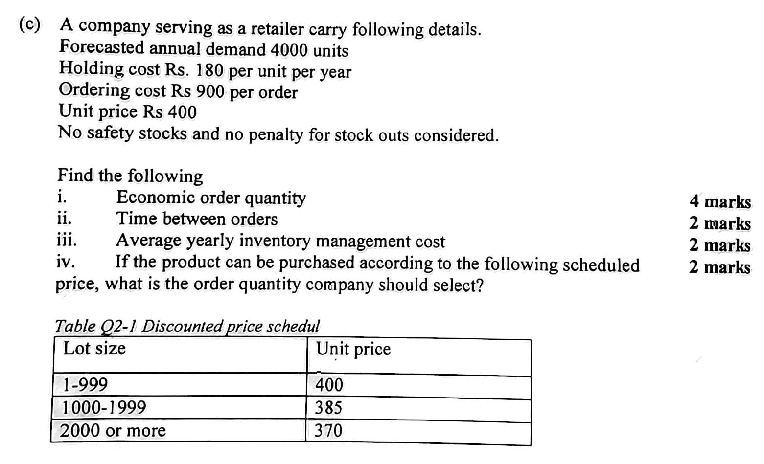 C A Company Serving As A Retailer Carry Following Details Forecasted Annual Demand 4000 Units Holding Cost Rs 180 Pe 1