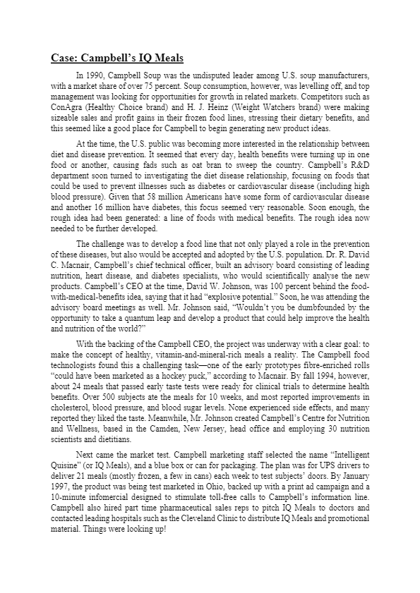 Case Campbell S Iq Meals In 1990 Campbell Soup Was The Undisputed Leader Among U S Soup Manufacturers With A Market 1