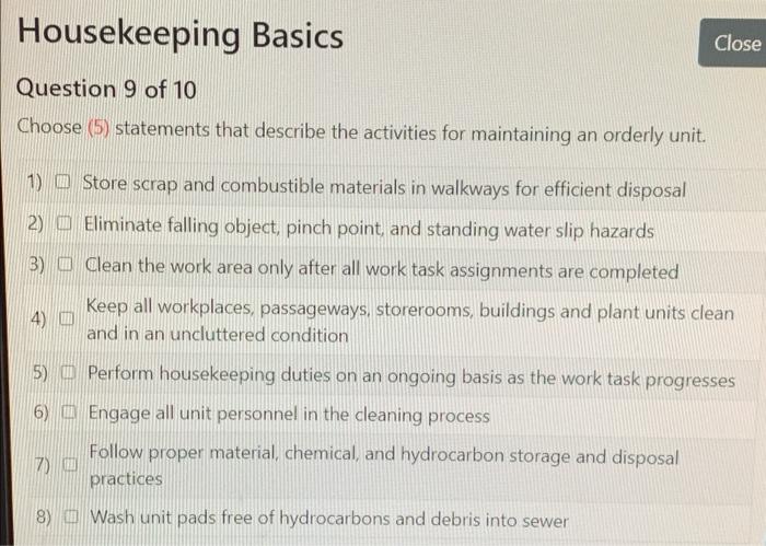Housekeeping Basics Close Question 9 Of 10 Choose 5 Statements That Describe The Activities For Maintaining An Orderly 1