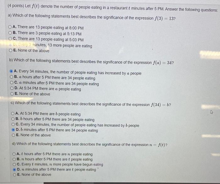 4 Points Let F T Denote The Number Of People Eating In A Restaurant T Minutes After 5 Pm Answer The Following Questi 1