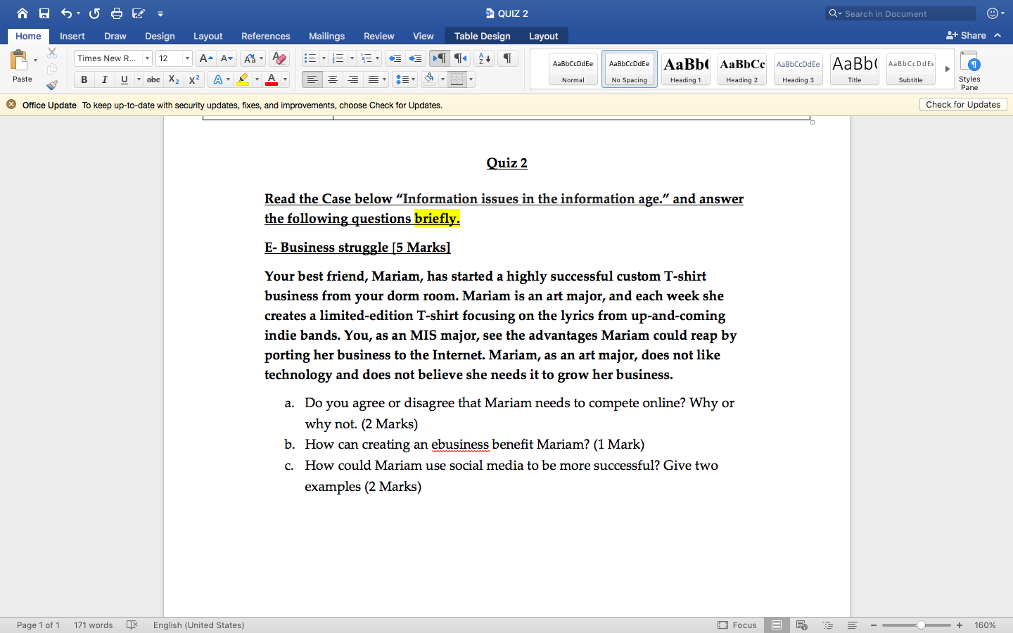 Sue W Quiz 2 Qu Search In Document Home Insert Draw Design Layout References Mailings Review View Table Design Layout 1